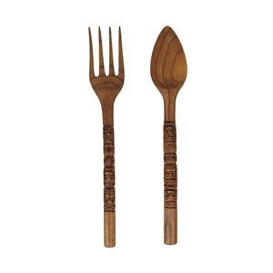 Set Of 2 Carved Tiki Design Wooden Spoon & Fork Utensil Wall Sculptures In😝